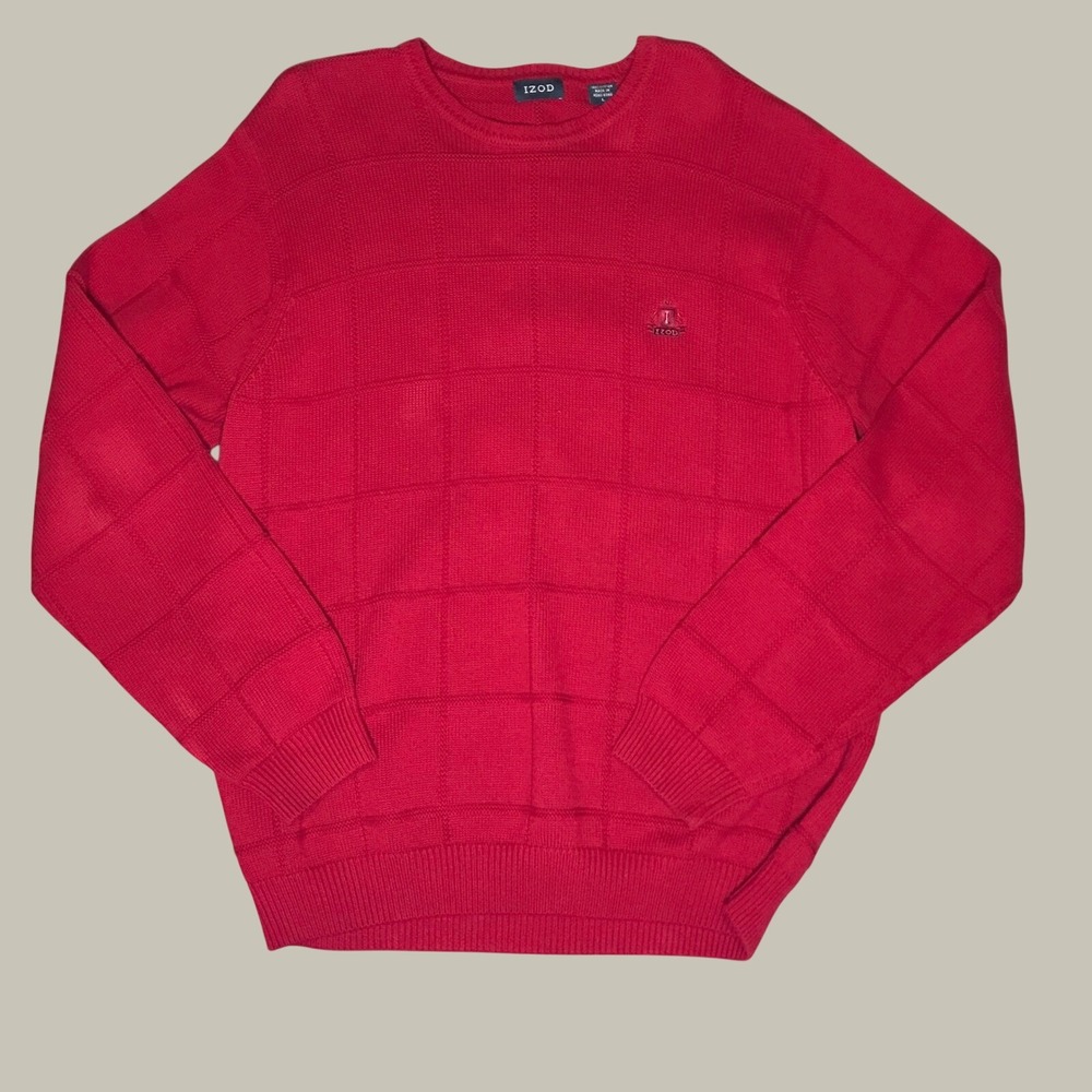 IZOD Mens Red Textured Grid Crewneck Cotton Pullover Sweater L RN36543 PC-772